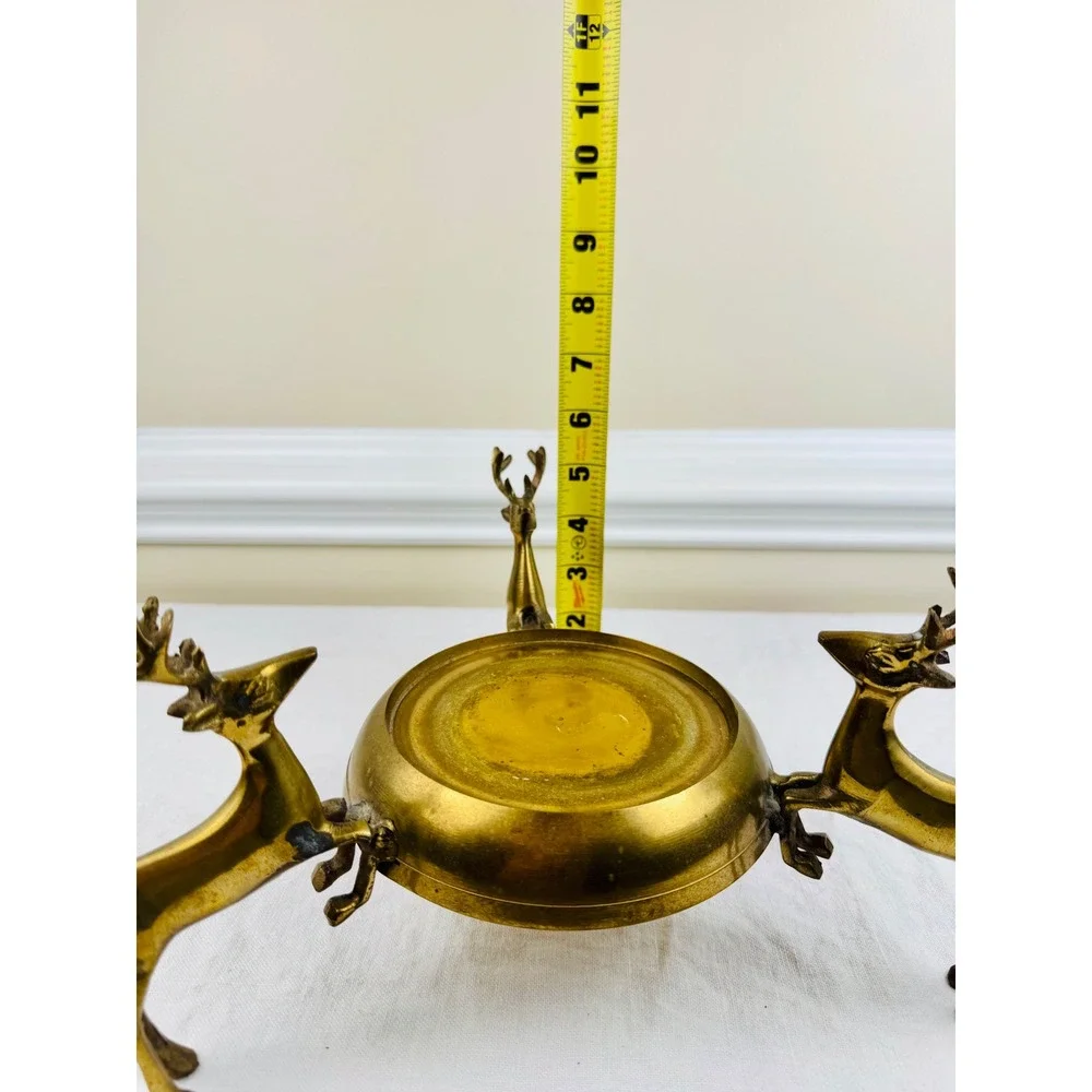 Vintage Brass 3 Stag Deer Reindeer Pillar Candle Holder 10.5in w Cabincore Boho
